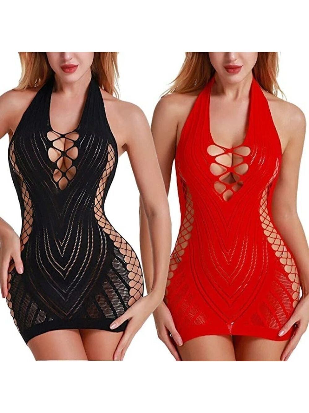 PLUS Size Seamless Fishnet Chemise Sexy Lingerie Mesh Halter Dress Babydoll NWT
